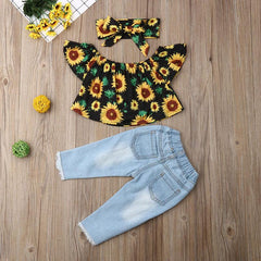 Toddler Baby Girl Ruffle Off Shoulder Sunflower Ripped 3 Pcs Set