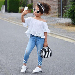Toddler Baby Girl Fashion Off Shoulder Lace Pearl 2 Pcs Sets