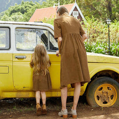 Family Matching Mommy And Me Outfits Front-Button Collar Midi-Sleeve Solid Dresses