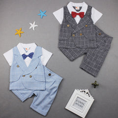 Baby Boy Suit Short-sleeved Checked Gentleman Fake 2 Pcs Sets