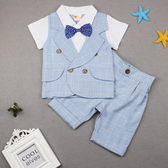 Baby Boy Suit Short-sleeved Checked Gentleman Fake 2 Pcs Sets