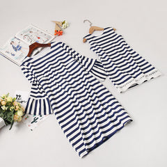 Family Matching Mother Daughter  Lace Skirt Stripe Dress