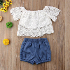 Girls Summer Lace Top Denim 3 Pcs Set Popular Suit