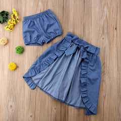 Girls Summer Lace Top Denim 3 Pcs Set Popular Suit
