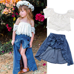 Girls Summer Lace Top Denim 3 Pcs Set Popular Suit