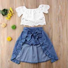 Girls Summer Lace Top Denim 3 Pcs Set Popular Suit