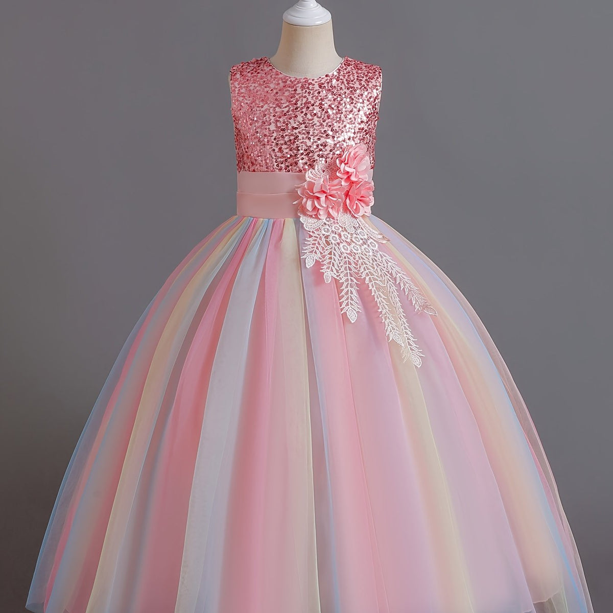 Kid Girl Sequin Rainbow Mesh Tutu Princess Sleeveless Party Dress