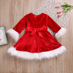 Girl Christmas Fur Edge Red Dress With Belt