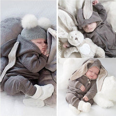 Baby Crawl Suit Harcoat Big Eared Rabbit Hooded Zipper Rompers