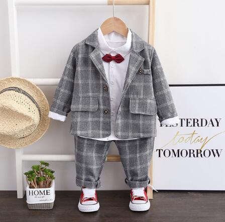 Autumn Kid Baby Boys Plaid Wedding Suits 3Pcs/Sets