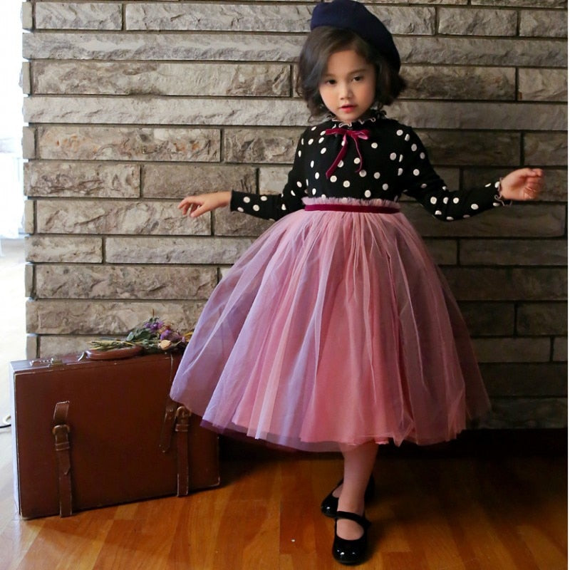 Girls Dress Polka Dots Winter Cotton Patchwork Mesh Dresses 2-8 Years
