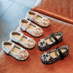 Girls Leather Shoes Fashion Grid Pearl Rhinestone Princess Shoes Flat Sneakers