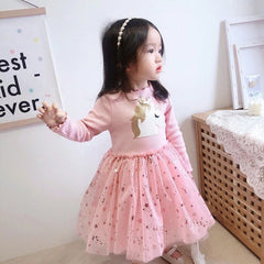 Girls Unicorn Star Sequins Cute Mesh Casual Dresse2-7 Years