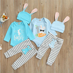 Baby Boy Easter Rabbit Print Bodysuit Striped 3 Pcs Sets
