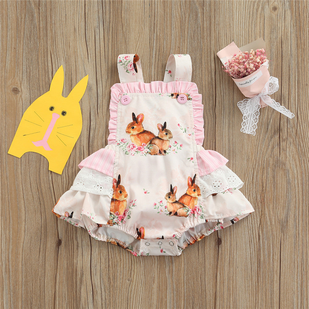 Baby Girl Jumpsuits Easter Rabbit Floral Print Sleeveless Ruffle Romper