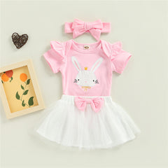 Baby Girl Easter Rabbit Bodysuit Bow Tulle Suits 3 Pcs Sets