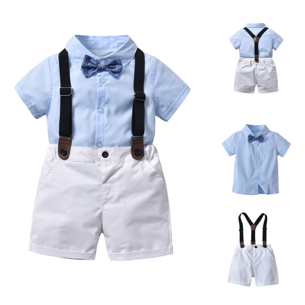 Baby Boys Birthday Formal Suit Gentleman Bowtie Short Sleeve Sets 2 Pcs