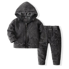 Kid Boy Baby Jeans Hooded Zipper Denim Suits 2 Pcs Sets
