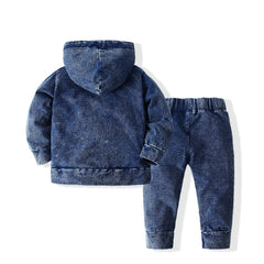 Kid Boy Baby Jeans Hooded Zipper Denim Suits 2 Pcs Sets