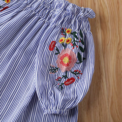 Kids Girls Off Shoulder Embroidered Tops+ Holes Denim Bottoms 2 Pcs 3-8Y