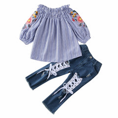 Kids Girls Off Shoulder Embroidered Tops+ Holes Denim Bottoms 2 Pcs 3-8Y