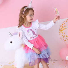 Girls Unicorn Winter Dresses Christmas Party Princess Patchwork Flying Sleeve Dress