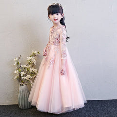 Girl Elegant Pink Tulle Flower Wedding Appliques Princess Party Prom Dress