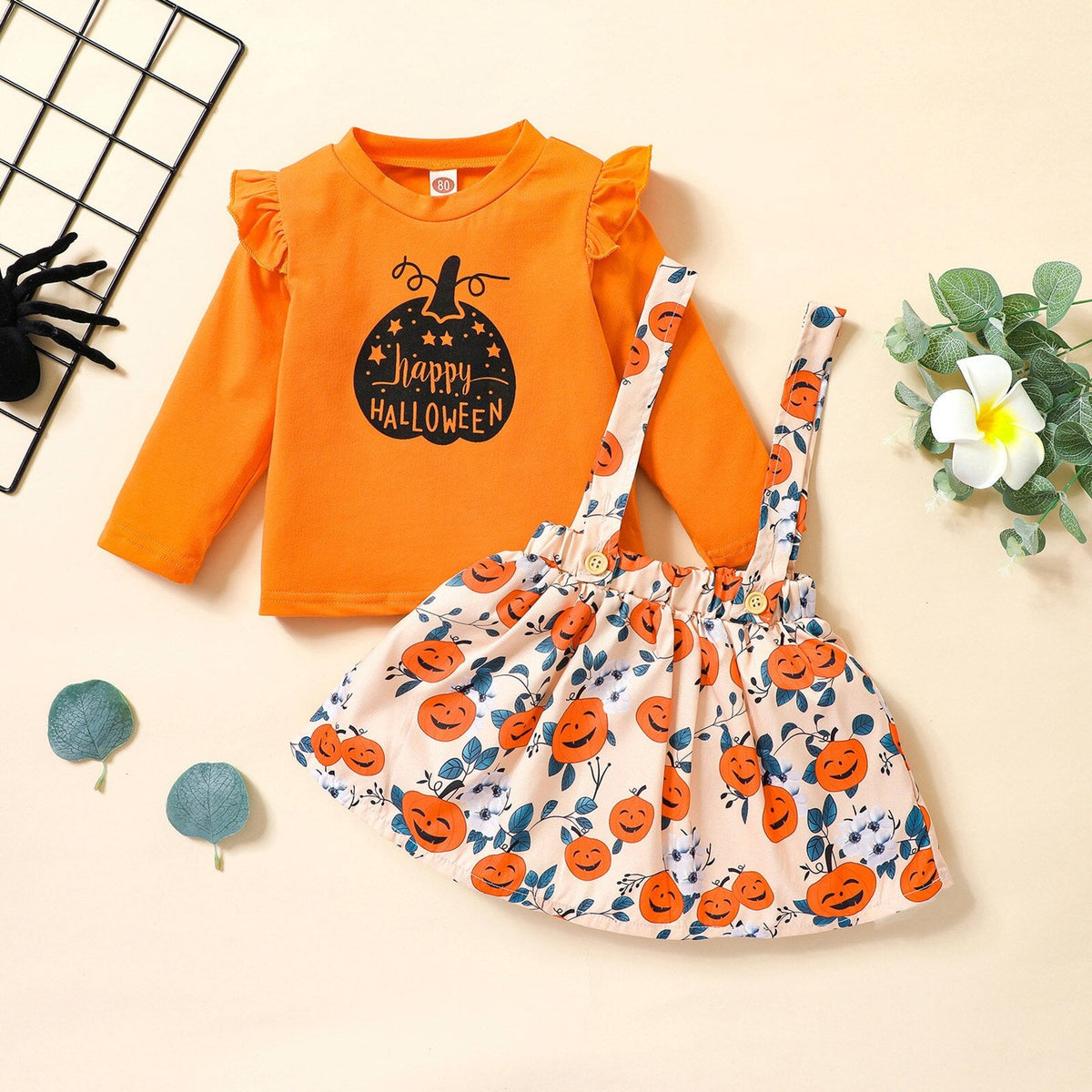 6M-4T Halloween Lovely Baby Girls Letter Ruffles Long Sleeve 2 Pcs Sets