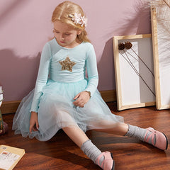 Girl Autumn Full Sleeve Sequined  Printing Mesh Holiday Casual Dresses 2-8 Years