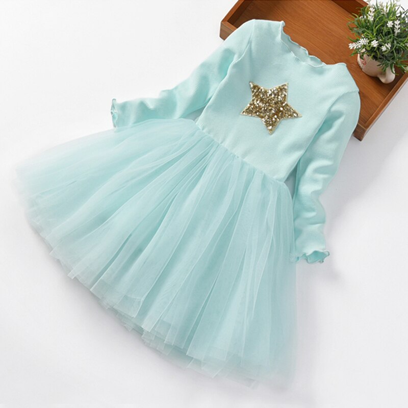 Girl Autumn Full Sleeve Sequined  Printing Mesh Holiday Casual Dresses 2-8 Years