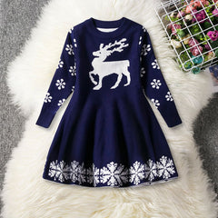 Girls Christmas Dress Full Sleeve Snowflake Print Reindeer Christmas Costume 3-8 Years