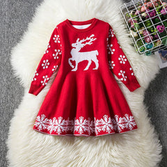 Girls Christmas Dress Full Sleeve Snowflake Print Reindeer Christmas Costume 3-8 Years