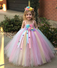 Girls Unicorn Flower Tutu Dress Crochet Tulle  Birthday Dress Party Costume
