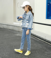 Girl Casual Korean Style Autumn Jeans Denim Suit Outfits 2 Pcs 4-14 Years