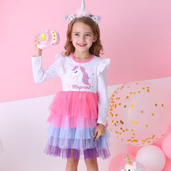 Girls Unicorn Winter Dresses Christmas Party Princess Patchwork Flying Sleeve Dress