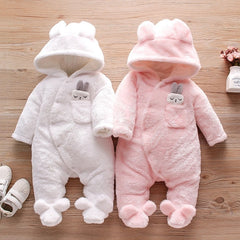 Winter Baby Solid Fleece Rabbit Hooded Jumpsuit Romper