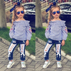 Kid Girl Flower Embroidered Off Shoulder Denim Sets 2 Pcs