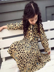 Girl Autumn Dress Fashion Leopard Printed Long Sleeved Dresses 2-12 Years