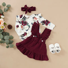 Sweet Baby Girl Long-Sleeve Floral Jumpsuit Dress Headband 3Pcs