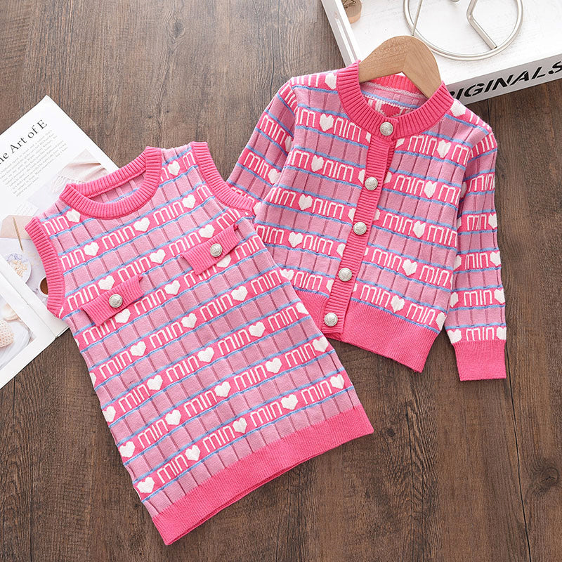 Kid Gir Knitted Print Sweater Dress Outfits 2 Pcs Sets