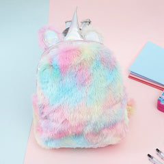 Fashion Colorful Girls Cute PU Laserl Bag Unicorn Plush Backpack