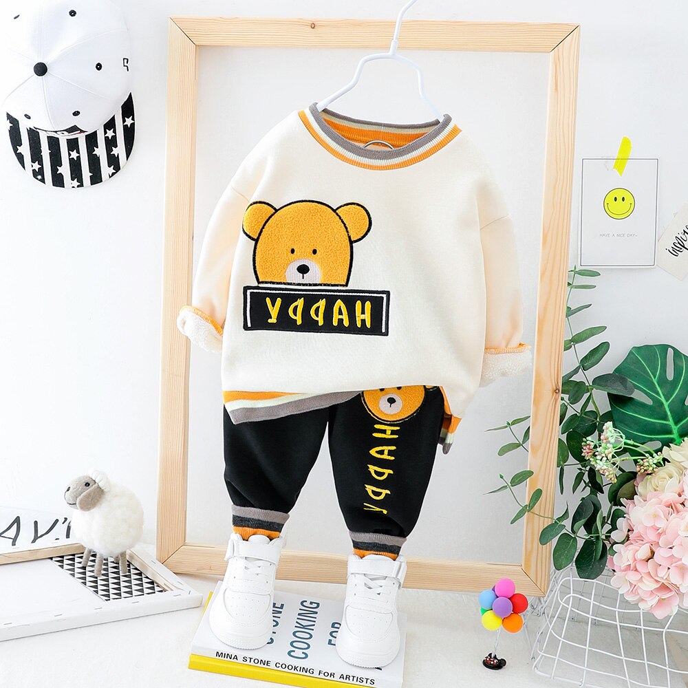 Boys Sets Winter Cartoon Bear Plush Tops Bottoms 2 Pcs 0-3 Years