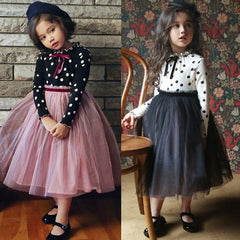 Girls Dress Polka Dots Winter Cotton Patchwork Mesh Dresses 2-8 Years