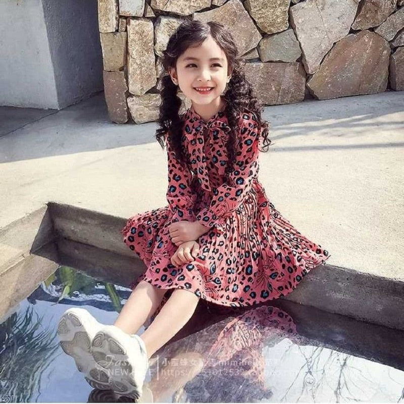 Girl Autumn Dress Fashion Leopard Printed Long Sleeved Dresses 2-12 Years