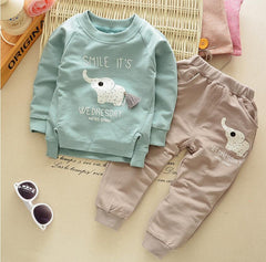 Baby Boy Elephant Cartoon Pattern Long Sleeve Casual Set 2 Pcs