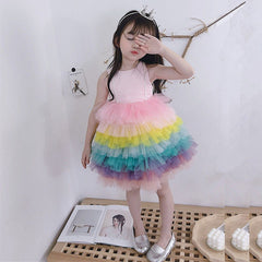 Kids Girls Summer Rainbow Formal Birthday Girl Spliced Party Dress