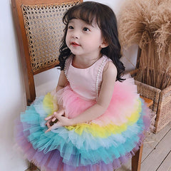 Kids Girls Summer Rainbow Formal Birthday Girl Spliced Party Dress