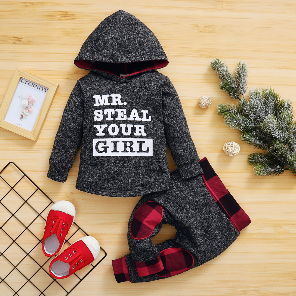 Baby Boys Letter Printed Plaid Long Sleeve Hooded Sets 2 Pcs