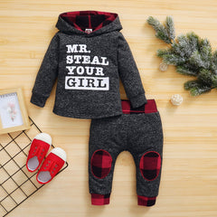 Baby Boys Letter Printed Plaid Long Sleeve Hooded Sets 2 Pcs