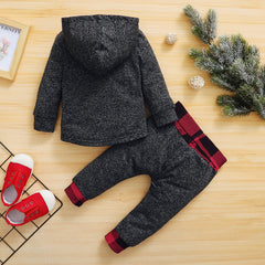 Baby Boys Letter Printed Plaid Long Sleeve Hooded Sets 2 Pcs